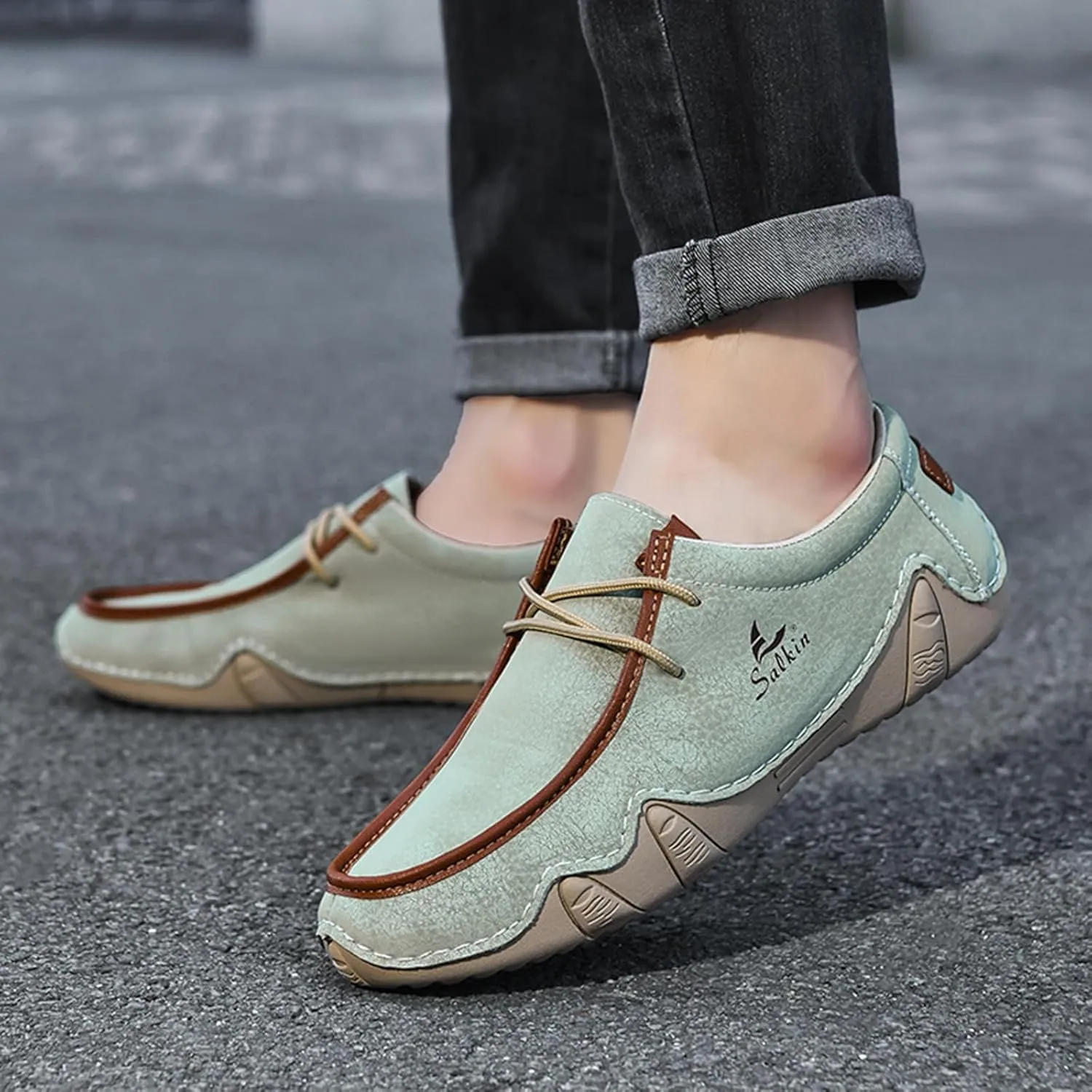 Men's Waterproof Leather Casual Walking Shoes for Hiking Camping & Driving All Season Retro Hand Stitched Round Toe Lace Up Slip on Loafers Comfortable Soft Outdoor Fashion Sneakers