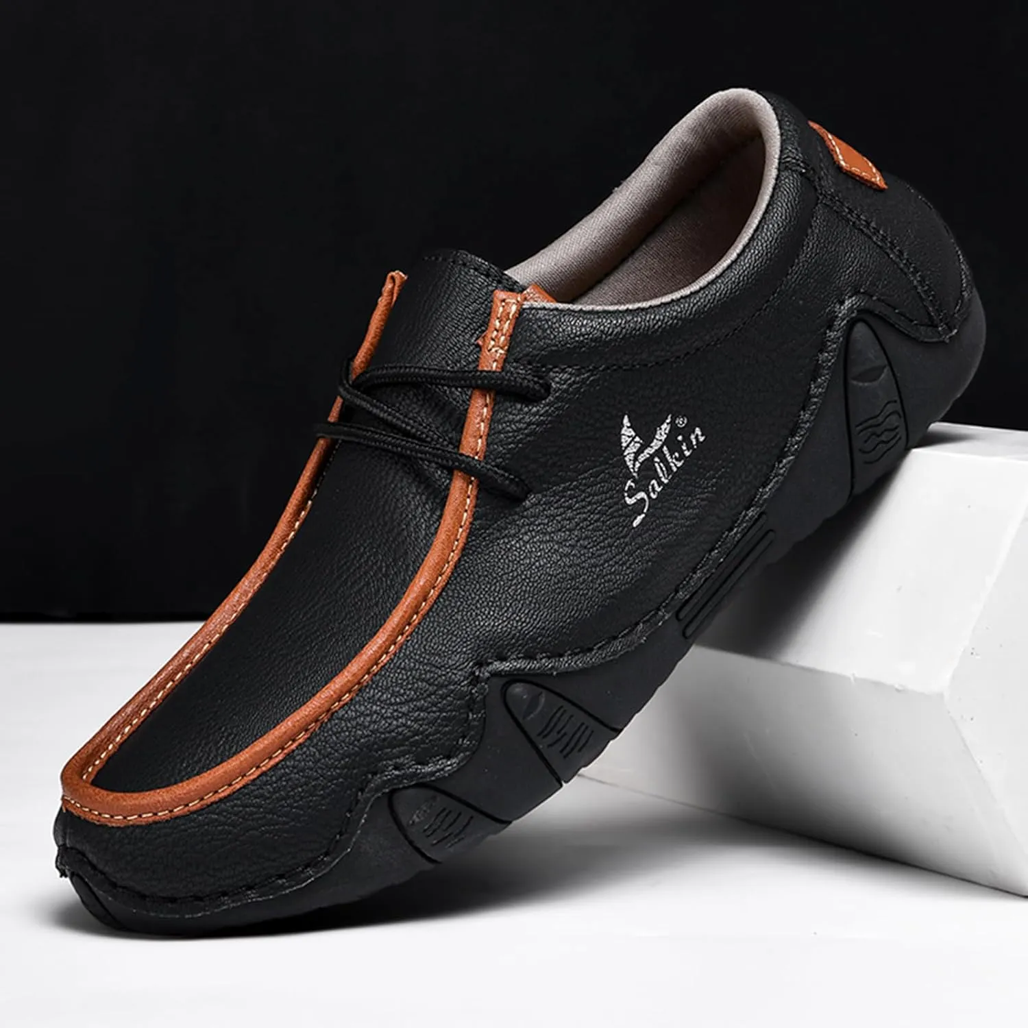 Men's Waterproof Leather Casual Walking Shoes for Hiking Camping & Driving All Season Retro Hand Stitched Round Toe Lace Up Slip on Loafers Comfortable Soft Outdoor Fashion Sneakers