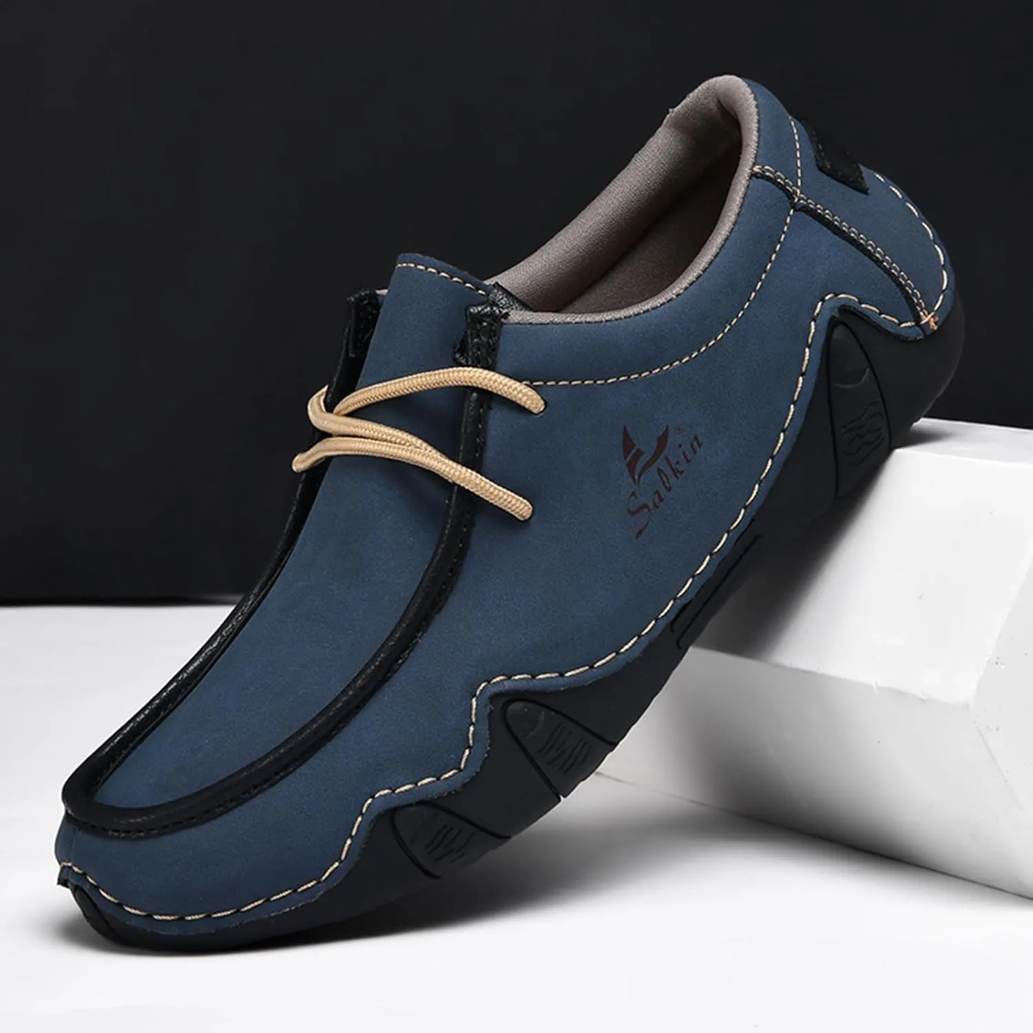 Men's Waterproof Leather Casual Walking Shoes for Hiking Camping & Driving All Season Retro Hand Stitched Round Toe Lace Up Slip on Loafers Comfortable Soft Outdoor Fashion Sneakers