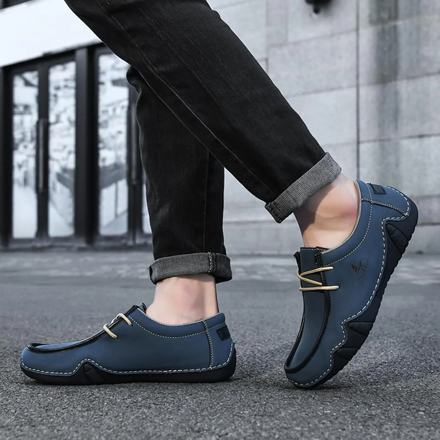 Men's Waterproof Leather Casual Walking Shoes for Hiking Camping & Driving All Season Retro Hand Stitched Round Toe Lace Up Slip on Loafers Comfortable Soft Outdoor Fashion Sneakers