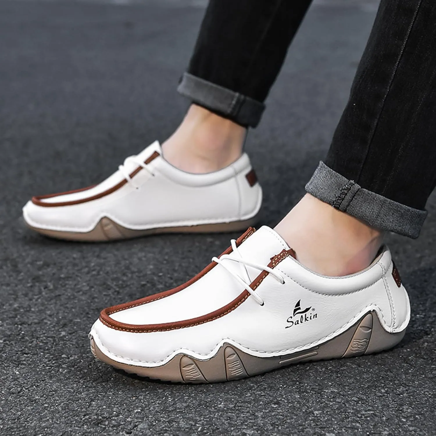 Men's Waterproof Leather Casual Walking Shoes for Hiking Camping & Driving All Season Retro Hand Stitched Round Toe Lace Up Slip on Loafers Comfortable Soft Outdoor Fashion Sneakers