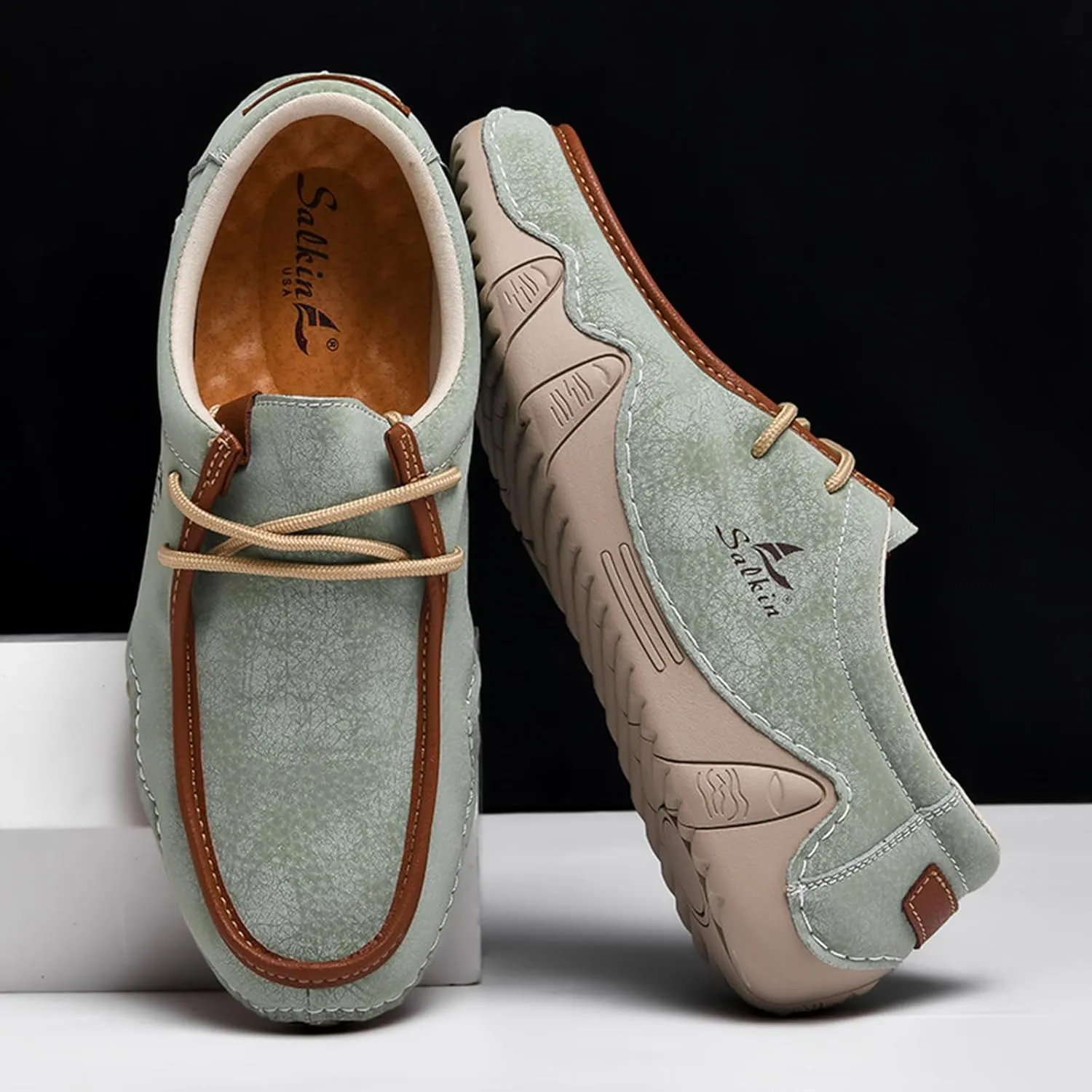 Men's Waterproof Leather Casual Walking Shoes for Hiking Camping & Driving All Season Retro Hand Stitched Round Toe Lace Up Slip on Loafers Comfortable Soft Outdoor Fashion Sneakers