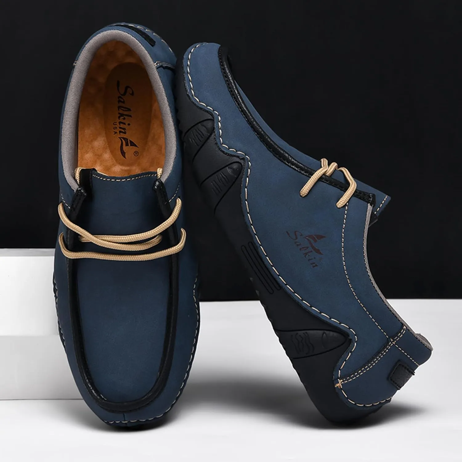 Men's Waterproof Leather Casual Walking Shoes for Hiking Camping & Driving All Season Retro Hand Stitched Round Toe Lace Up Slip on Loafers Comfortable Soft Outdoor Fashion Sneakers