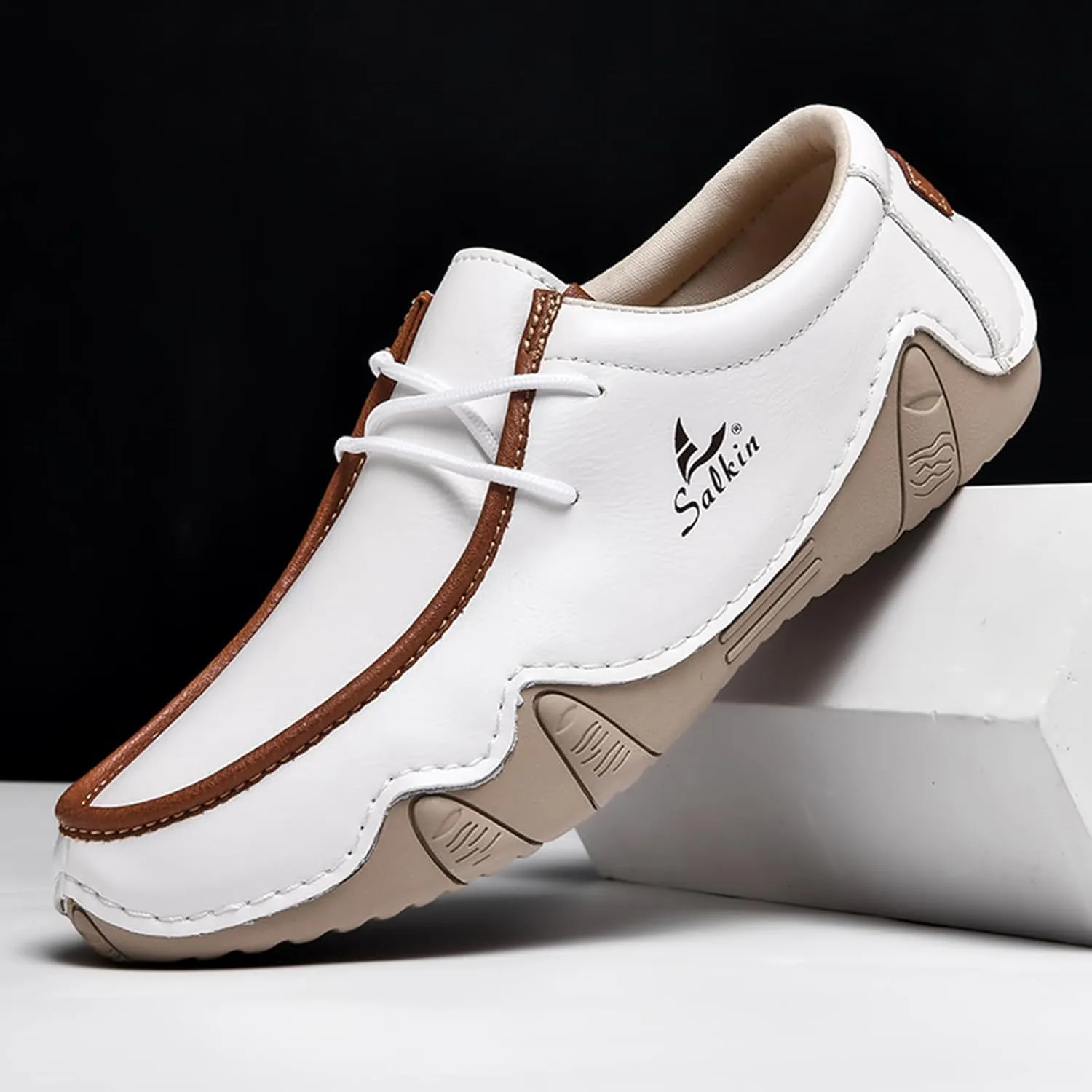 Men's Waterproof Leather Casual Walking Shoes for Hiking Camping & Driving All Season Retro Hand Stitched Round Toe Lace Up Slip on Loafers Comfortable Soft Outdoor Fashion Sneakers
