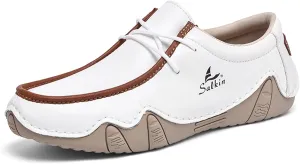 Men's Waterproof Leather Casual Walking Shoes for Hiking Camping & Driving All Season Retro Hand Stitched Round Toe Lace Up Slip on Loafers Comfortable Soft Outdoor Fashion Sneakers