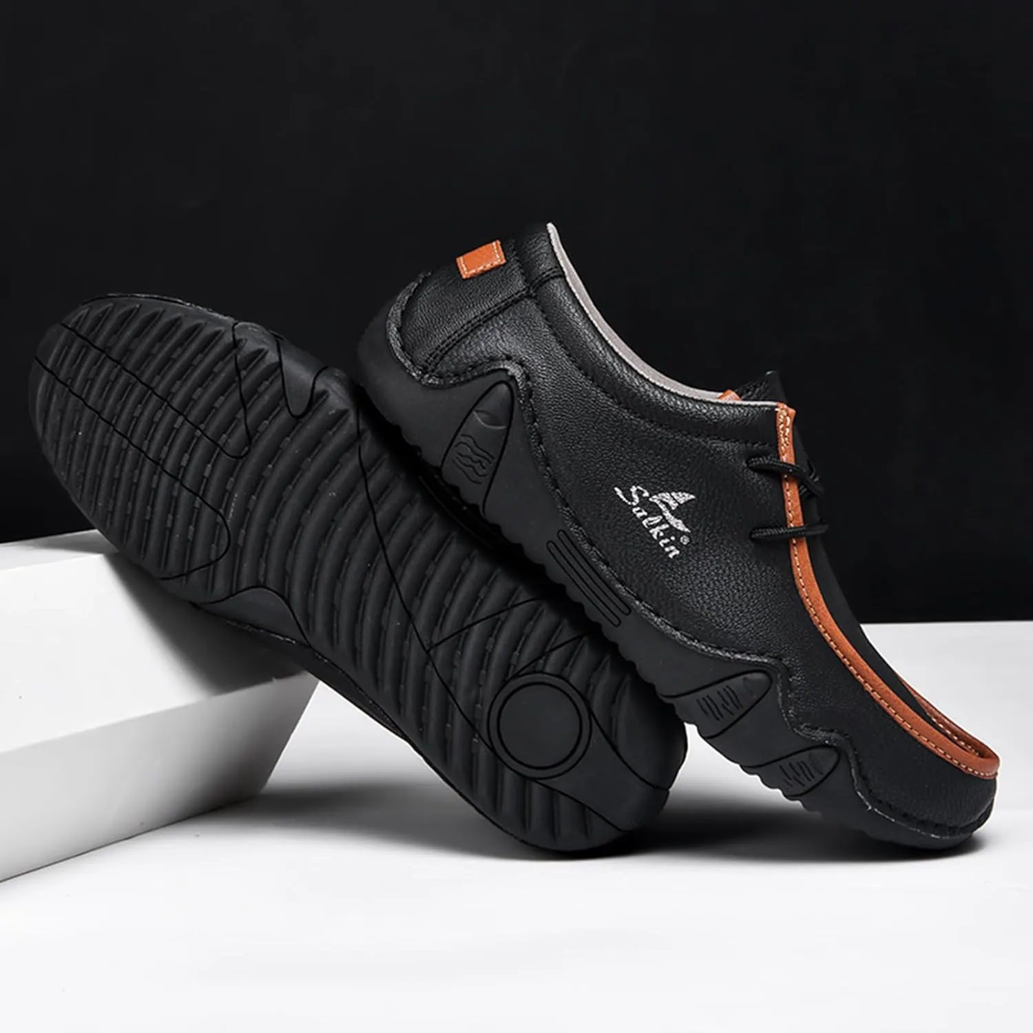 Men's Waterproof Leather Casual Walking Shoes for Hiking Camping & Driving All Season Retro Hand Stitched Round Toe Lace Up Slip on Loafers Comfortable Soft Outdoor Fashion Sneakers