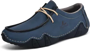 Men's Waterproof Leather Casual Walking Shoes for Hiking Camping & Driving All Season Retro Hand Stitched Round Toe Lace Up Slip on Loafers Comfortable Soft Outdoor Fashion Sneakers