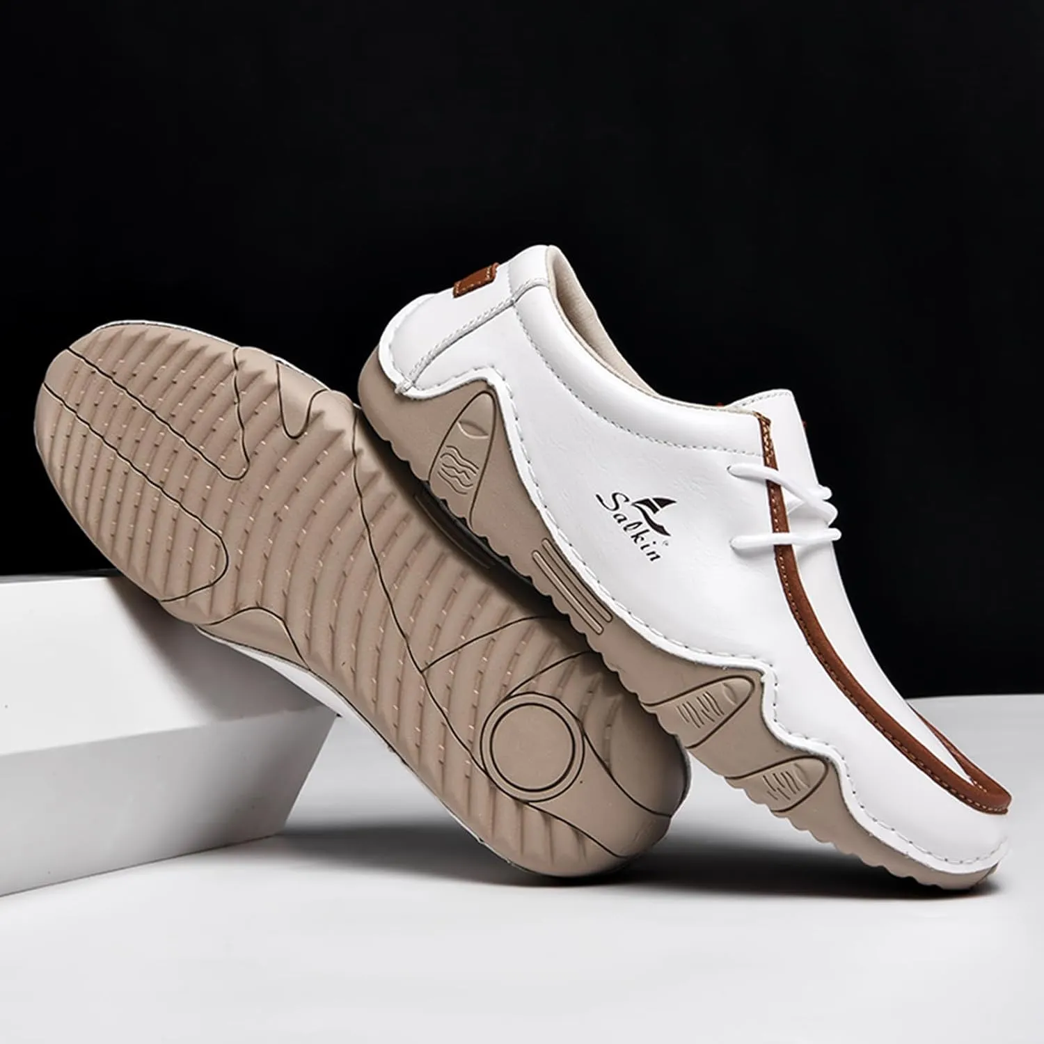 Men's Waterproof Leather Casual Walking Shoes for Hiking Camping & Driving All Season Retro Hand Stitched Round Toe Lace Up Slip on Loafers Comfortable Soft Outdoor Fashion Sneakers