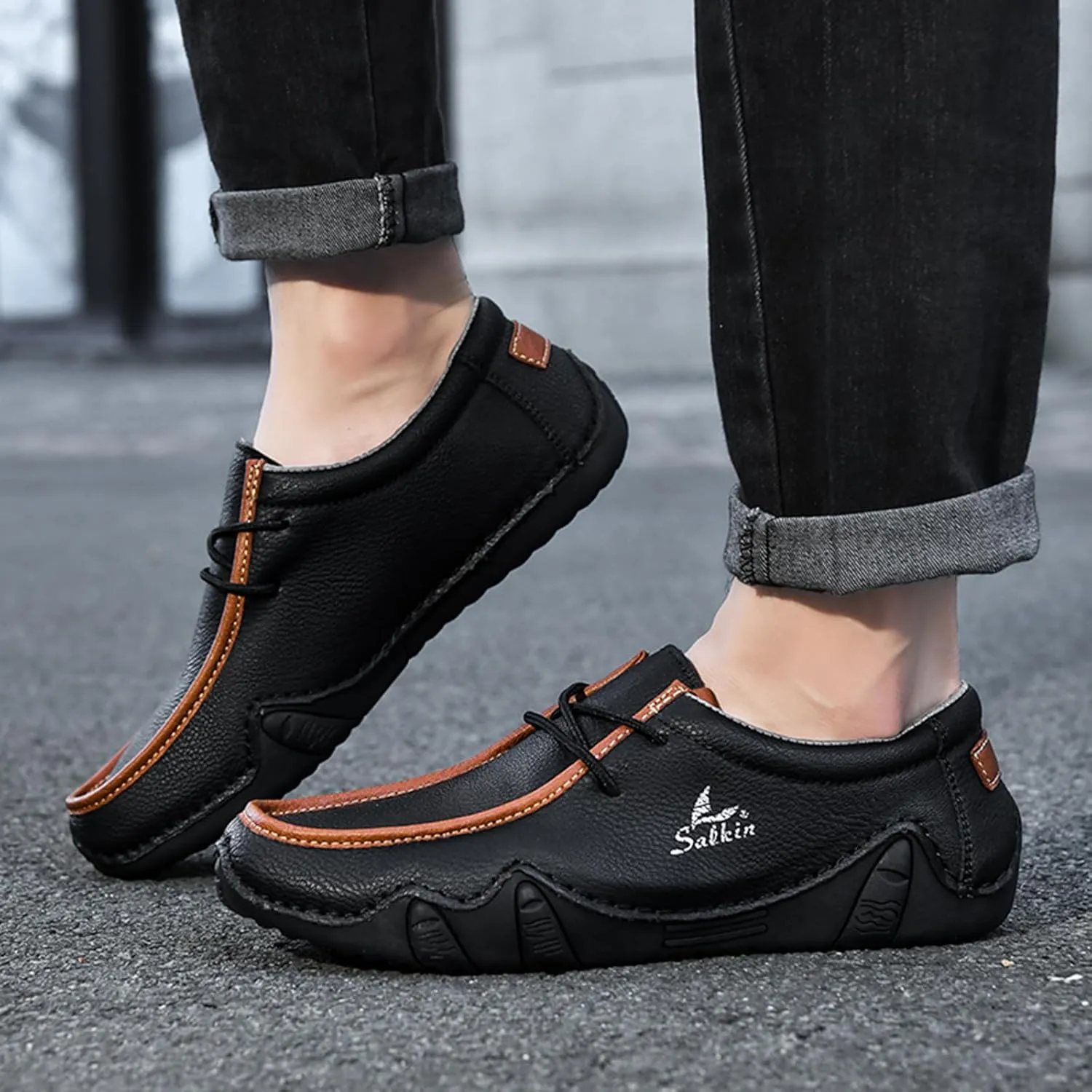 Men's Waterproof Leather Casual Walking Shoes for Hiking Camping & Driving All Season Retro Hand Stitched Round Toe Lace Up Slip on Loafers Comfortable Soft Outdoor Fashion Sneakers