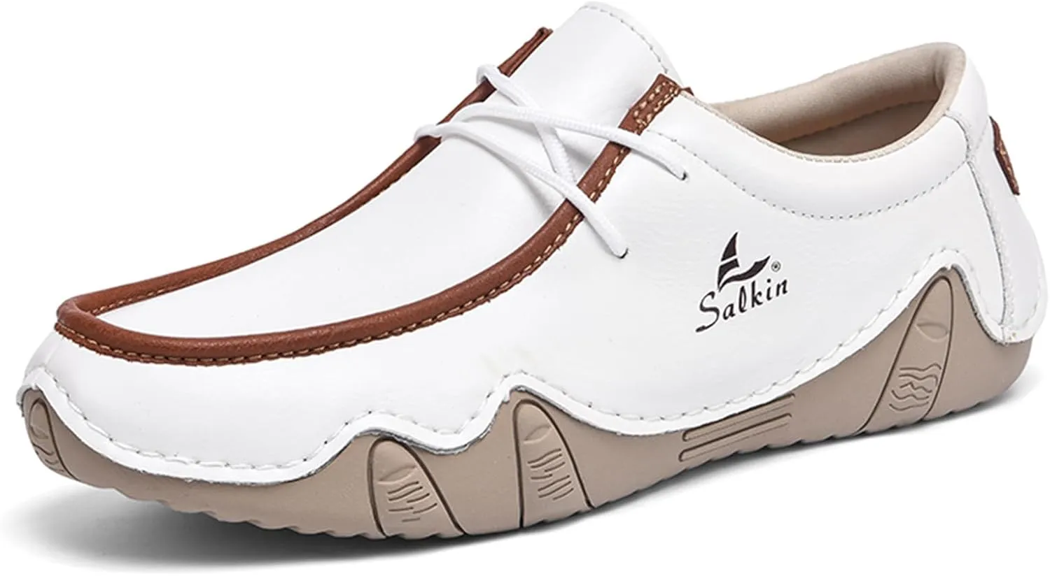 Men's Waterproof Leather Casual Walking Shoes for Hiking Camping & Driving All Season Retro Hand Stitched Round Toe Lace Up Slip on Loafers Comfortable Soft Outdoor Fashion Sneakers