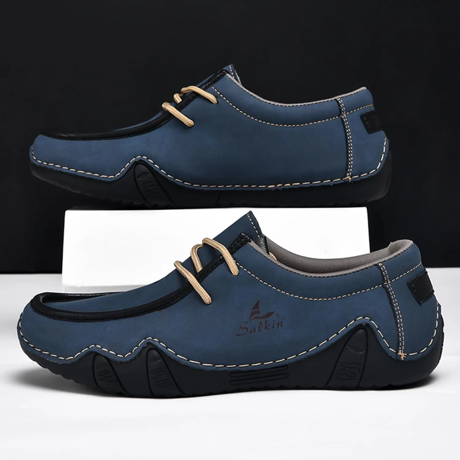 Men's Waterproof Leather Casual Walking Shoes for Hiking Camping & Driving All Season Retro Hand Stitched Round Toe Lace Up Slip on Loafers Comfortable Soft Outdoor Fashion Sneakers
