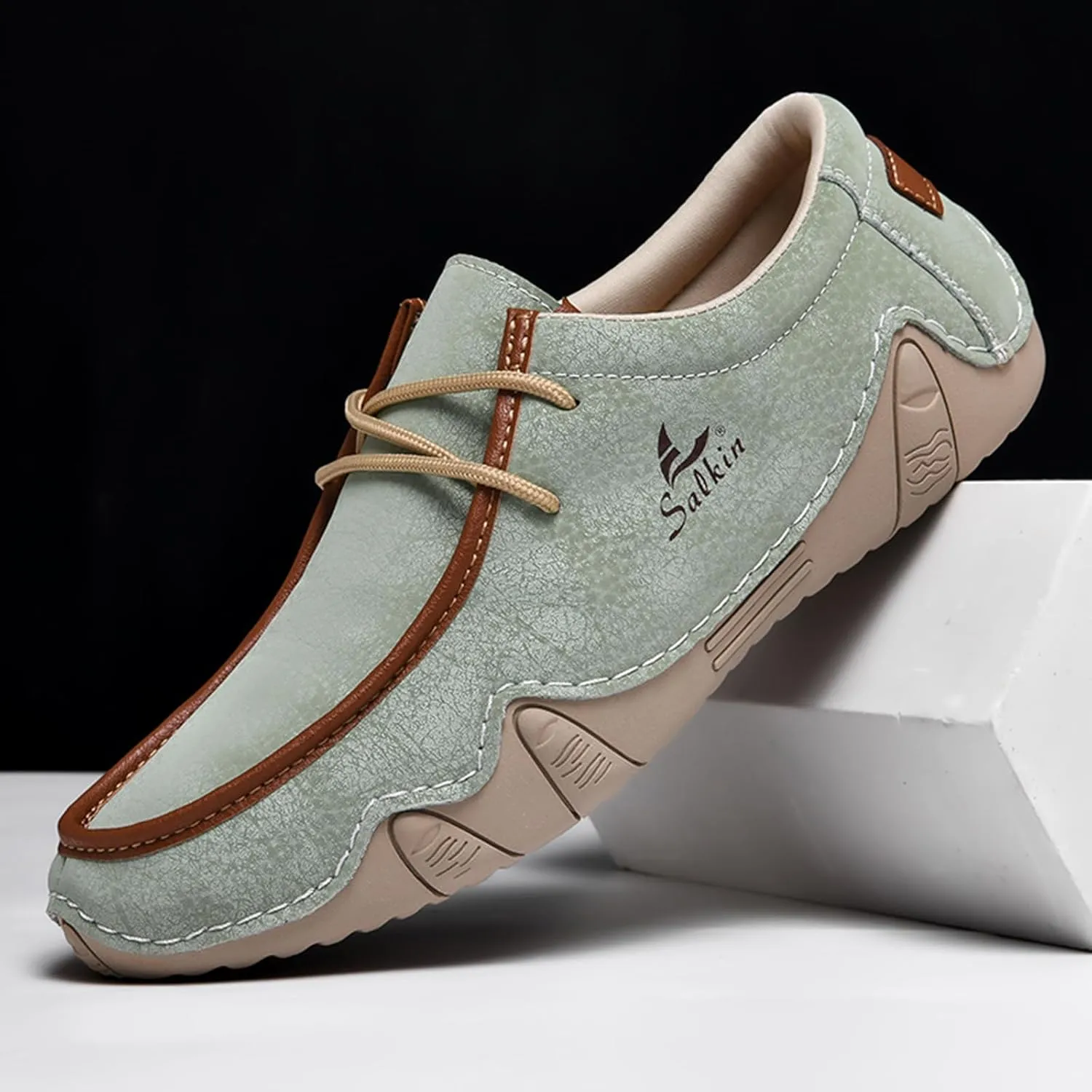 Men's Waterproof Leather Casual Walking Shoes for Hiking Camping & Driving All Season Retro Hand Stitched Round Toe Lace Up Slip on Loafers Comfortable Soft Outdoor Fashion Sneakers