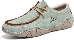 Men's Waterproof Leather Casual Walking Shoes for Hiking Camping & Driving All Season Retro Hand Stitched Round Toe Lace Up Slip on Loafers Comfortable Soft Outdoor Fashion Sneakers