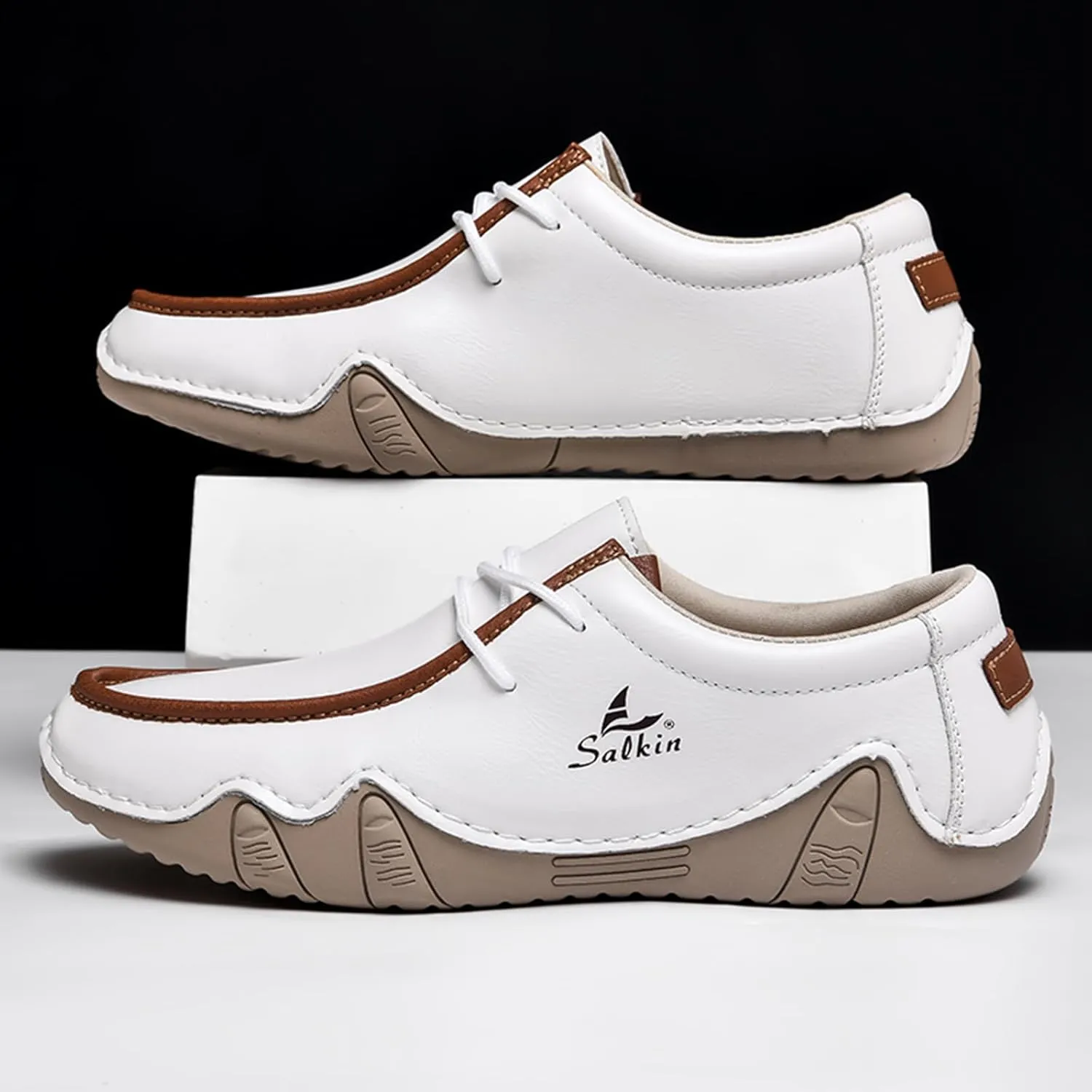 Men's Waterproof Leather Casual Walking Shoes for Hiking Camping & Driving All Season Retro Hand Stitched Round Toe Lace Up Slip on Loafers Comfortable Soft Outdoor Fashion Sneakers