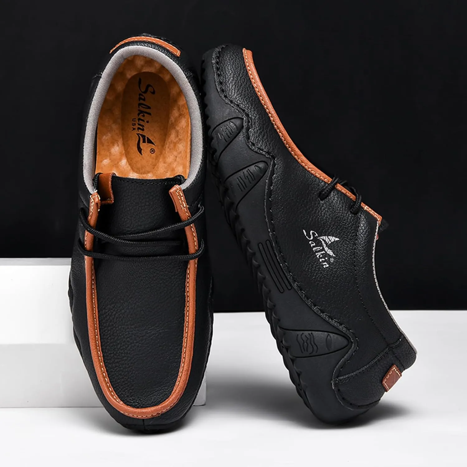 Men's Waterproof Leather Casual Walking Shoes for Hiking Camping & Driving All Season Retro Hand Stitched Round Toe Lace Up Slip on Loafers Comfortable Soft Outdoor Fashion Sneakers