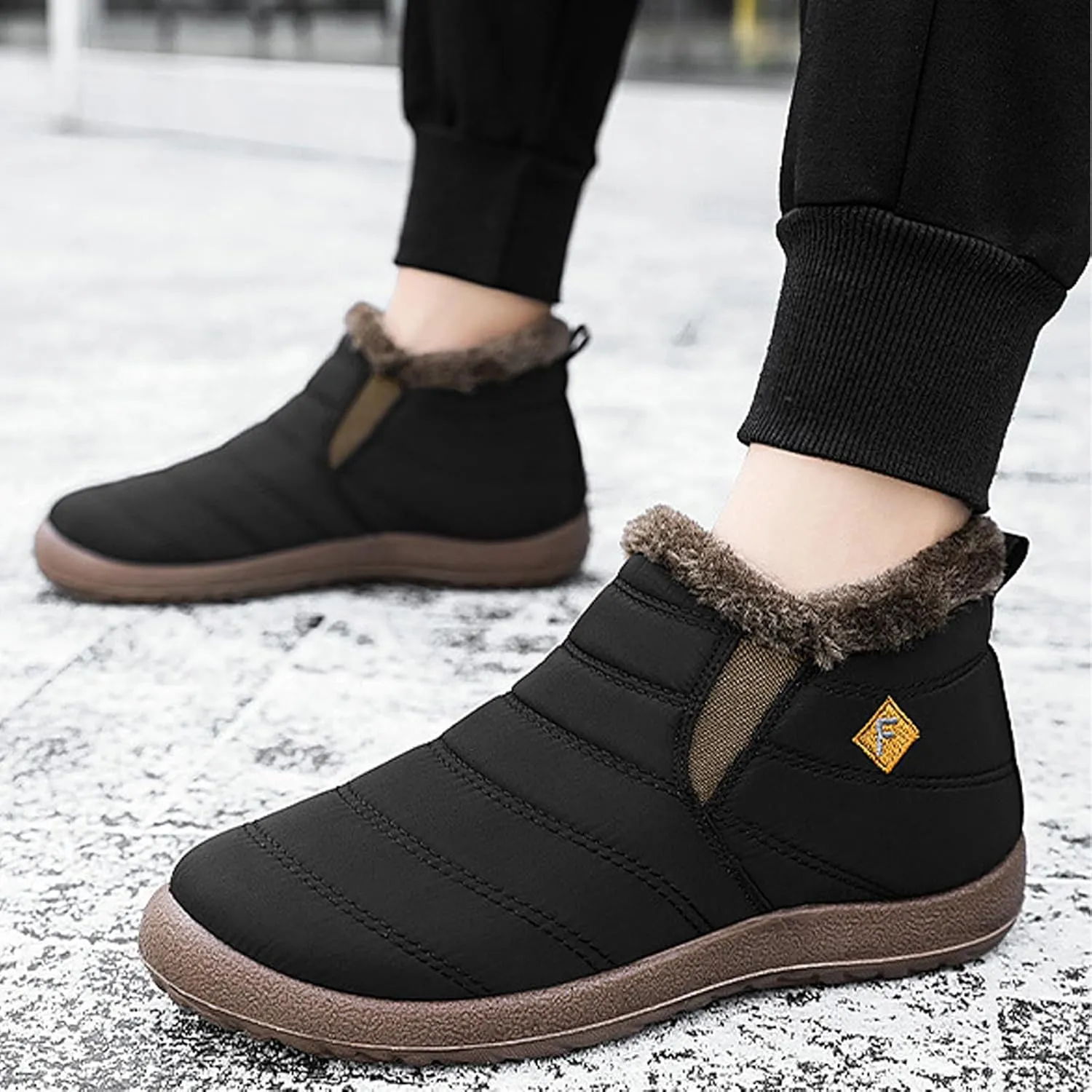 Men's Waterproof Slip On Snow Boots Comfort Warm Fur Lined Non Slip Outdoor Winter Booties Work Walking Lightweight High Top Cotton Shoes