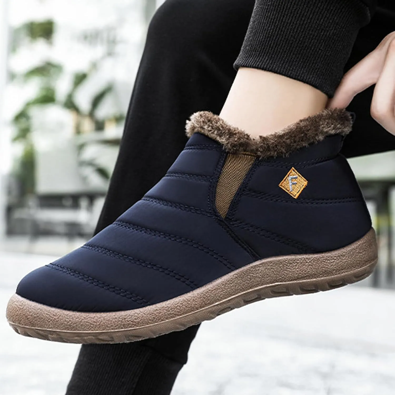 Men's Waterproof Slip On Snow Boots Comfort Warm Fur Lined Non Slip Outdoor Winter Booties Work Walking Lightweight High Top Cotton Shoes