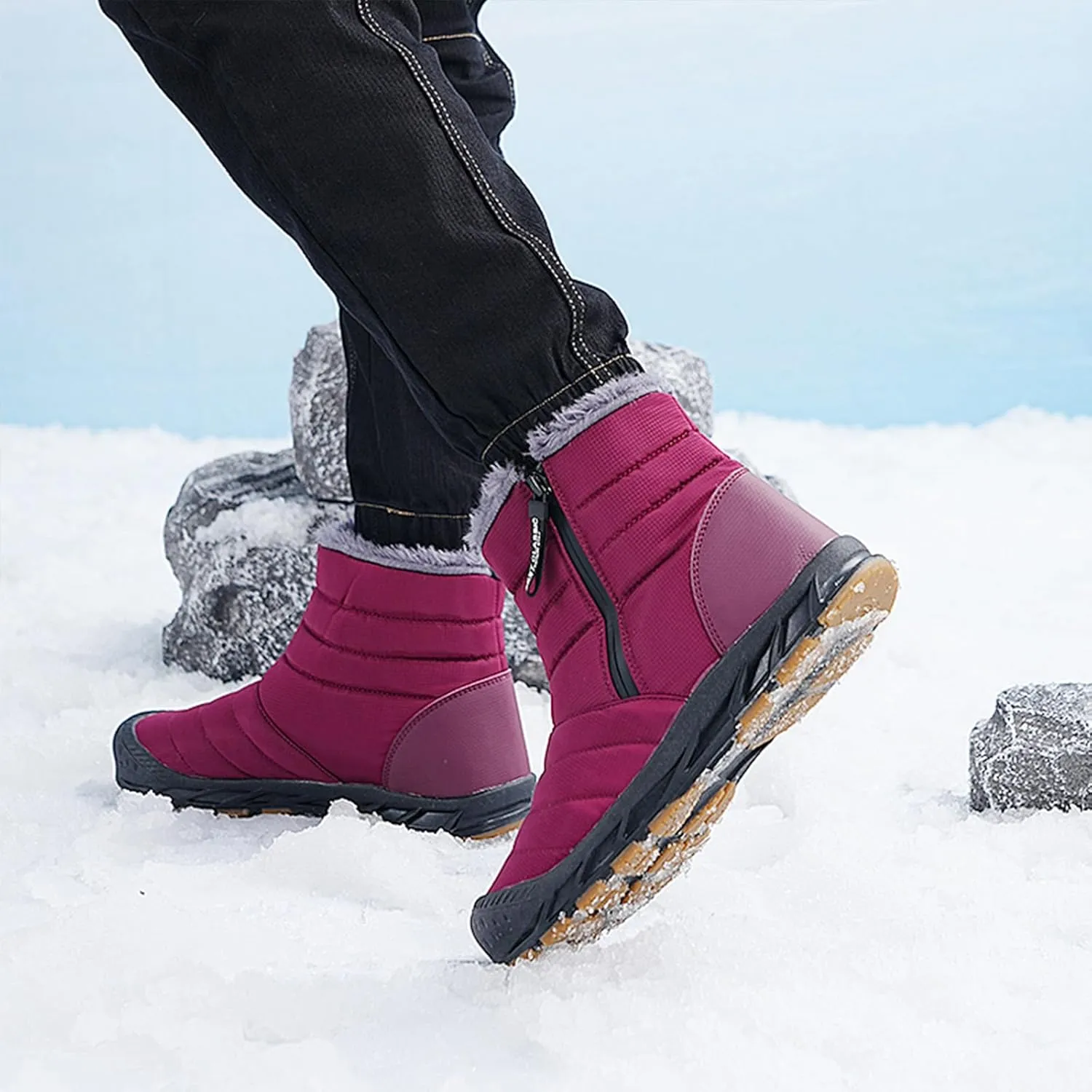 Mens Winter Warm Snow Boots Fur Lined Anti-Slip Waterproof Winter Shoes Retro Anti-Collision Round Toe Zipper Closure Slip on Outdoor Boot
