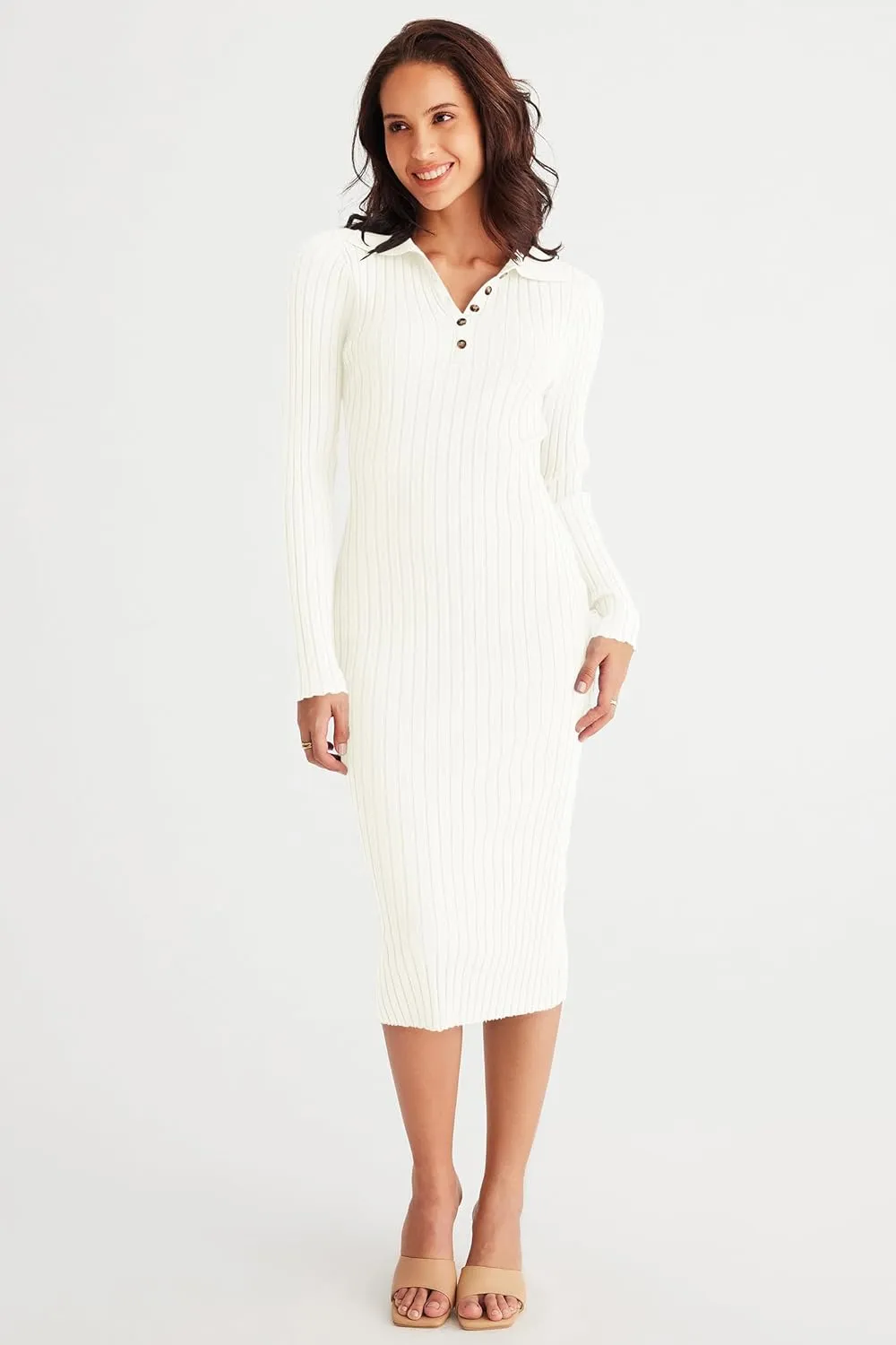 MEROKEETY Womens 2024 V Neck Ribbed Sweater Dress Long Sleeve Bodycon Knit Midi Dresses