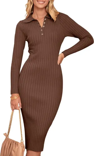 MEROKEETY Womens 2024 V Neck Ribbed Sweater Dress Long Sleeve Bodycon Knit Midi Dresses