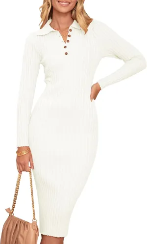 MEROKEETY Womens 2024 V Neck Ribbed Sweater Dress Long Sleeve Bodycon Knit Midi Dresses