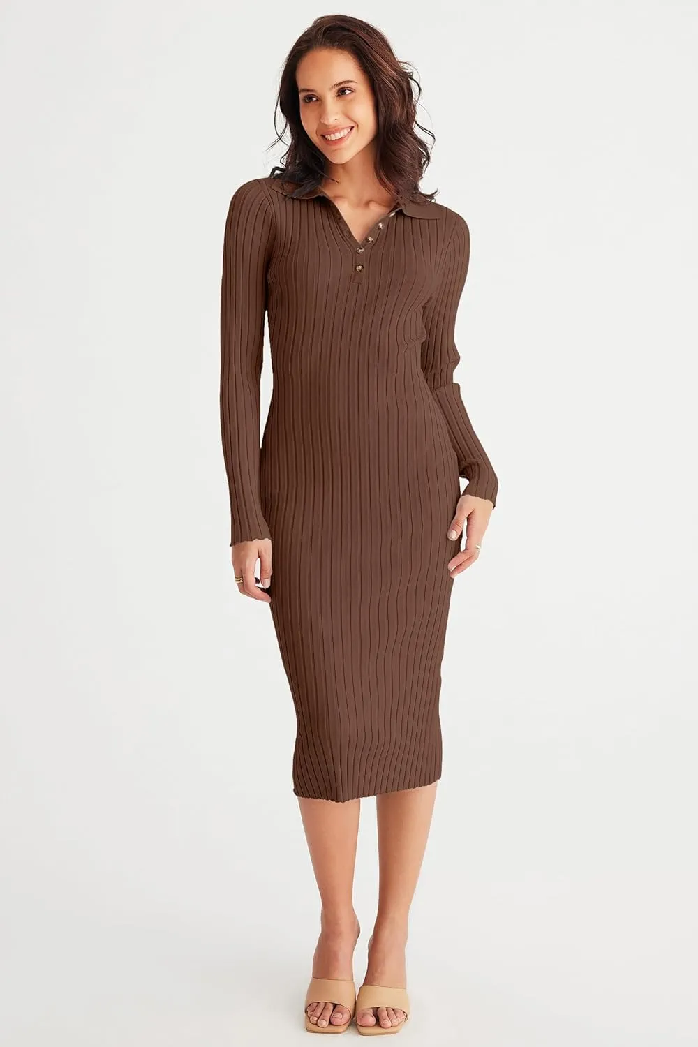 MEROKEETY Womens 2024 V Neck Ribbed Sweater Dress Long Sleeve Bodycon Knit Midi Dresses