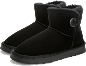 Mini Platform Boots for Women, Winter Ankle Snow Boots Suede Water Resistant Anti-Slip Leather Fur Fleece Lined Boots, Comfortable Memory Foam Button Decoration Slip On Snow Short Shoes Slippers