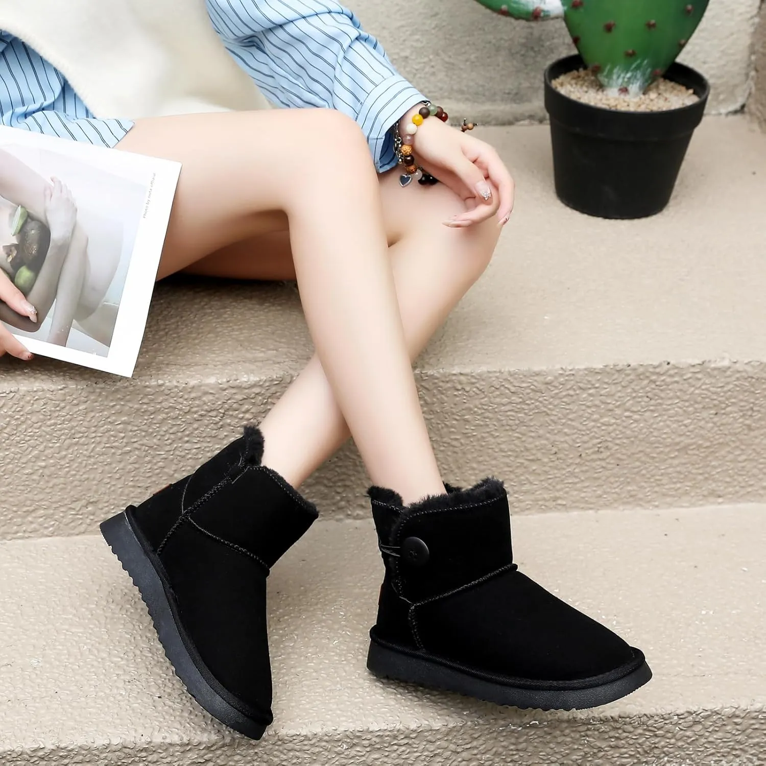 Mini Platform Boots for Women, Winter Ankle Snow Boots Suede Water Resistant Anti-Slip Leather Fur Fleece Lined Boots, Comfortable Memory Foam Button Decoration Slip On Snow Short Shoes Slippers