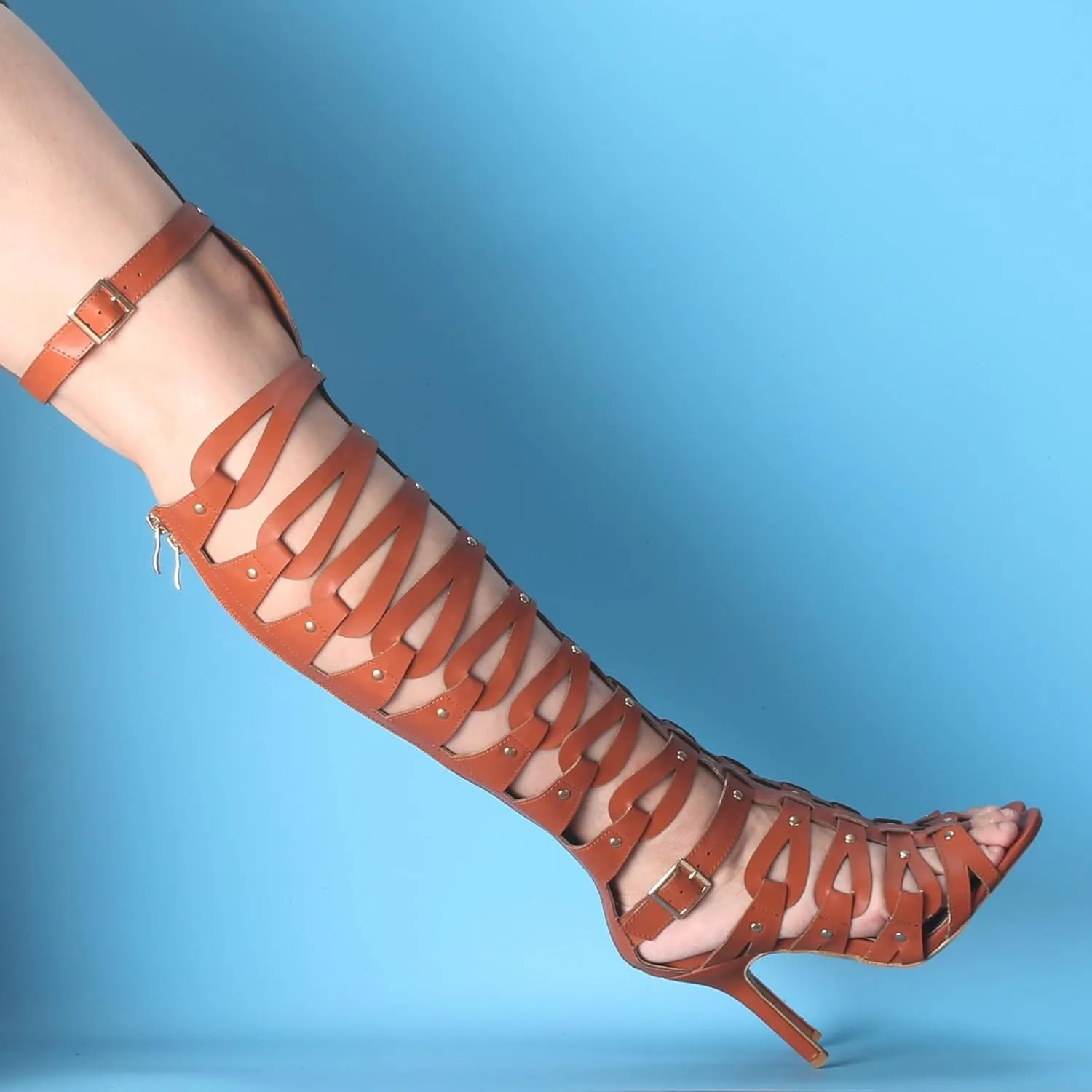 Minishion Gladiator Sandals for Women Tall Heels Stiletto Knee High Summer Boots Shoes