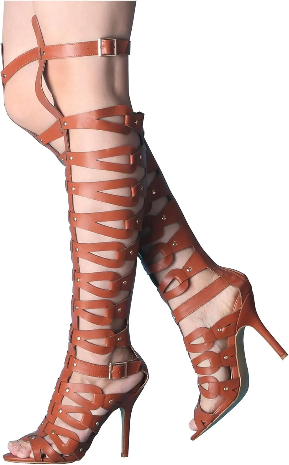 Minishion Gladiator Sandals for Women Tall Heels Stiletto Knee High Summer Boots Shoes