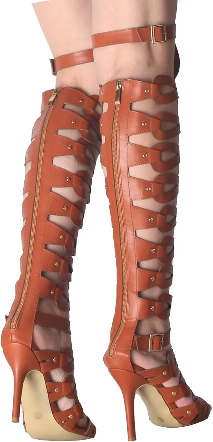 Minishion Gladiator Sandals for Women Tall Heels Stiletto Knee High Summer Boots Shoes