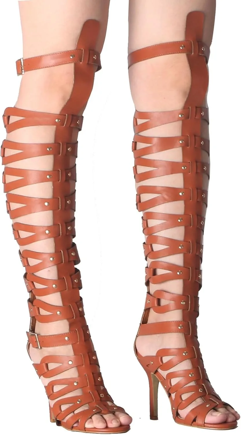 Minishion Gladiator Sandals for Women Tall Heels Stiletto Knee High Summer Boots Shoes