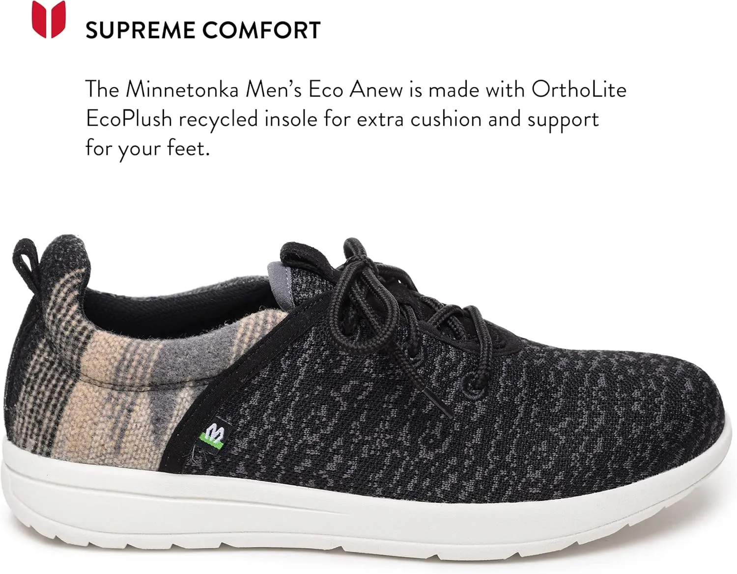 Minnetonka Men’s Eco Anew - Fashion Knit Sneakers Handcrafted with EcoPlush Recycled Insole, 100% Recycled Breathable Mesh Lining and Laces, 70% Sugarcane Sole, and Fabric Upper