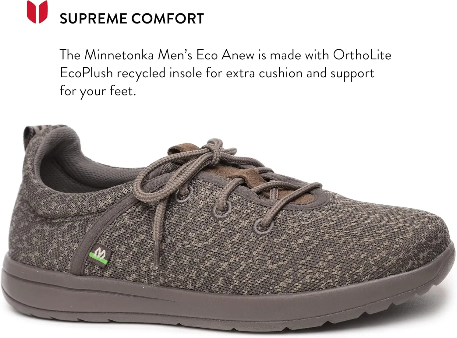 Minnetonka Men’s Eco Anew - Fashion Knit Sneakers Handcrafted with EcoPlush Recycled Insole, 100% Recycled Breathable Mesh Lining and Laces, 70% Sugarcane Sole, and Fabric Upper