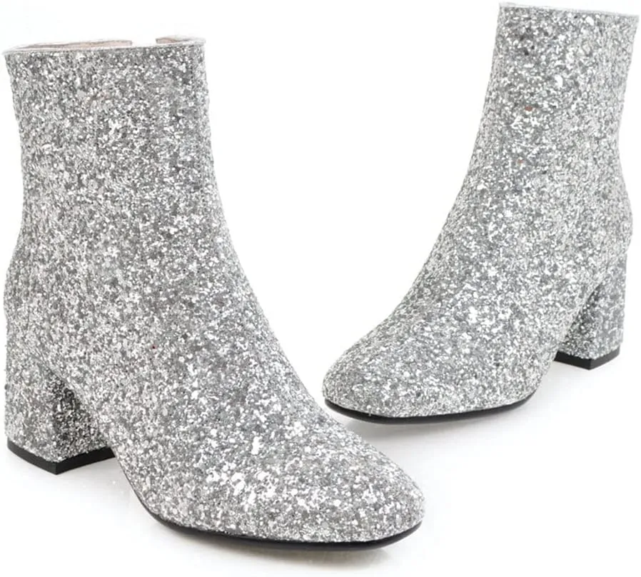 MissHeel Sparkly Glitter Boots Chunky Heels Ankle Booties
