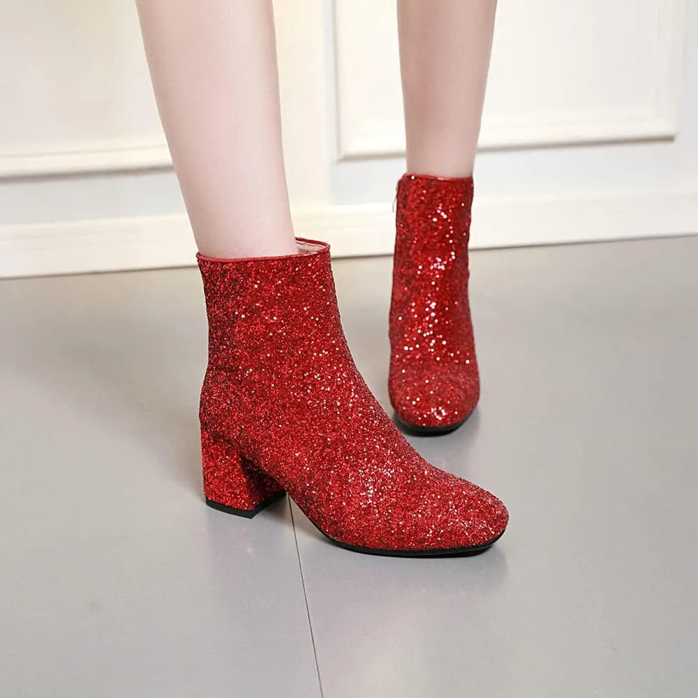 MissHeel Sparkly Glitter Boots Chunky Heels Ankle Booties