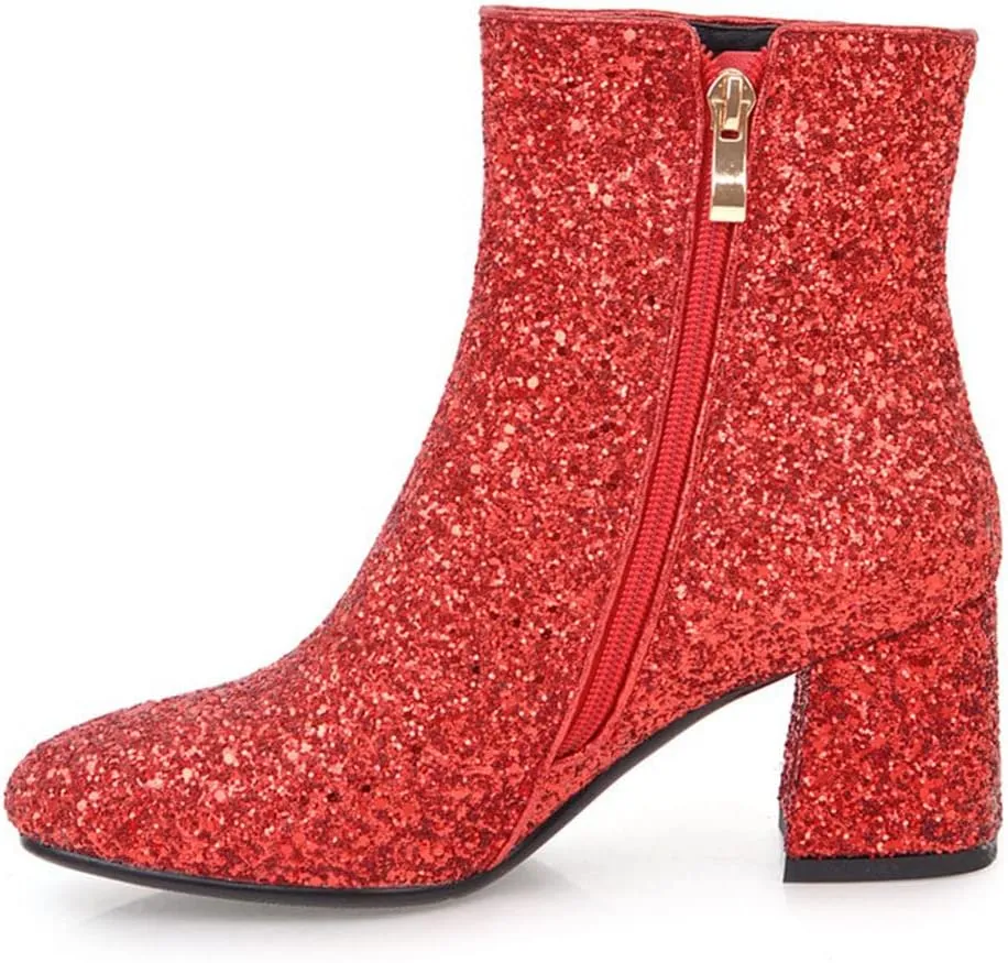 MissHeel Sparkly Glitter Boots Chunky Heels Ankle Booties