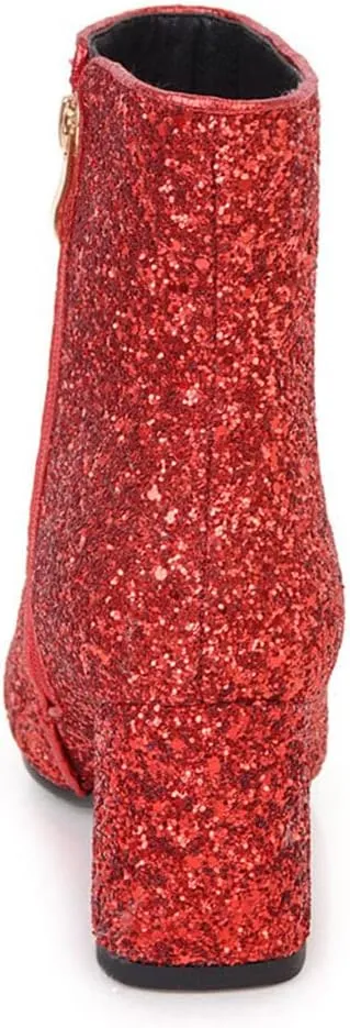 MissHeel Sparkly Glitter Boots Chunky Heels Ankle Booties