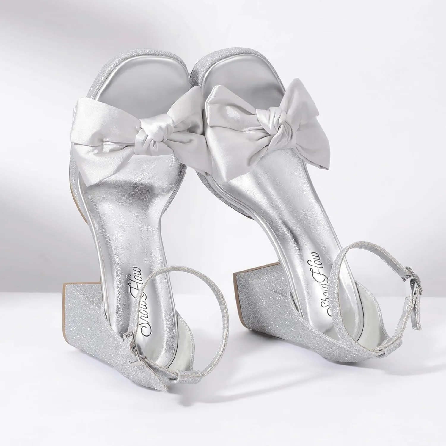Mofri Showhow Platform Chunky Heels Women's Chunky High Heel Sandals Ankle Strap Open Toe Pump Bowknots Wedding Sandals for Wedding Bridal Party