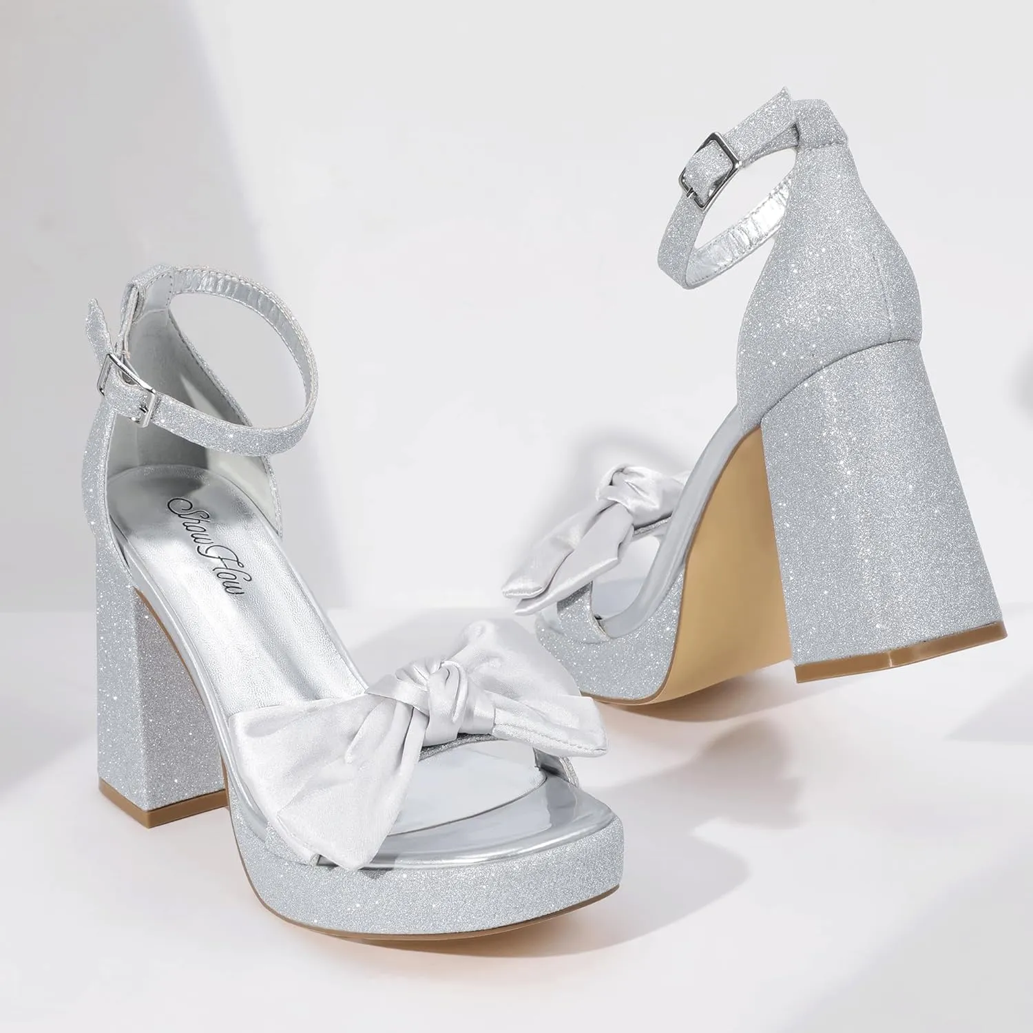 Mofri Showhow Platform Chunky Heels Women's Chunky High Heel Sandals Ankle Strap Open Toe Pump Bowknots Wedding Sandals for Wedding Bridal Party