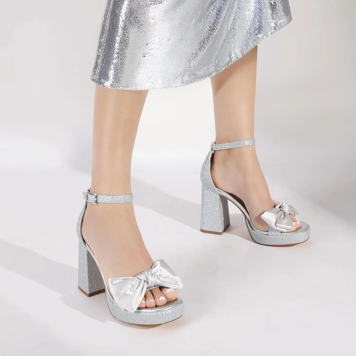 Mofri Showhow Platform Chunky Heels Women's Chunky High Heel Sandals Ankle Strap Open Toe Pump Bowknots Wedding Sandals for Wedding Bridal Party