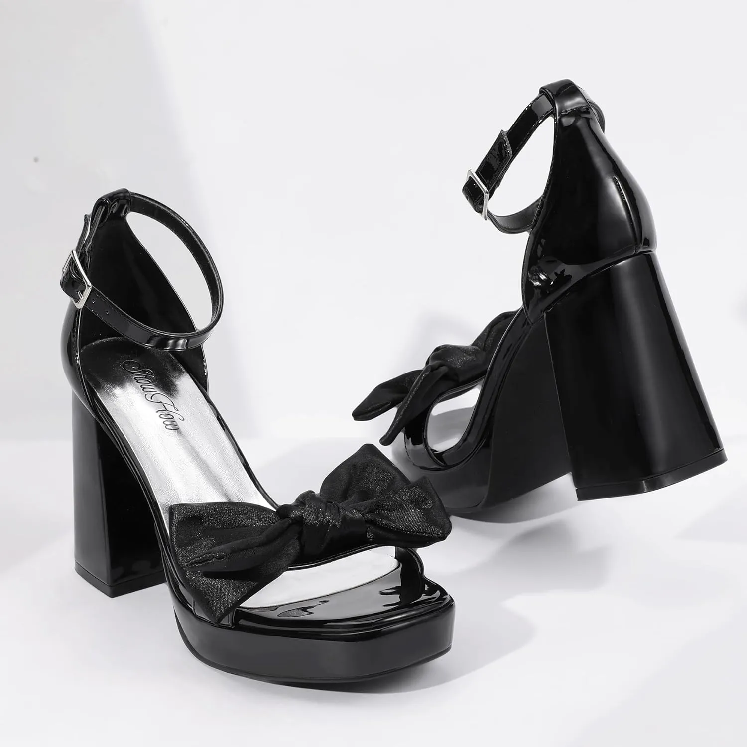 Mofri Showhow Platform Chunky Heels Women's Chunky High Heel Sandals Ankle Strap Open Toe Pump Bowknots Wedding Sandals for Wedding Bridal Party