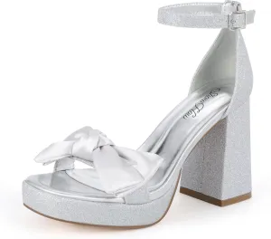 Mofri Showhow Platform Chunky Heels Women's Chunky High Heel Sandals Ankle Strap Open Toe Pump Bowknots Wedding Sandals for Wedding Bridal Party