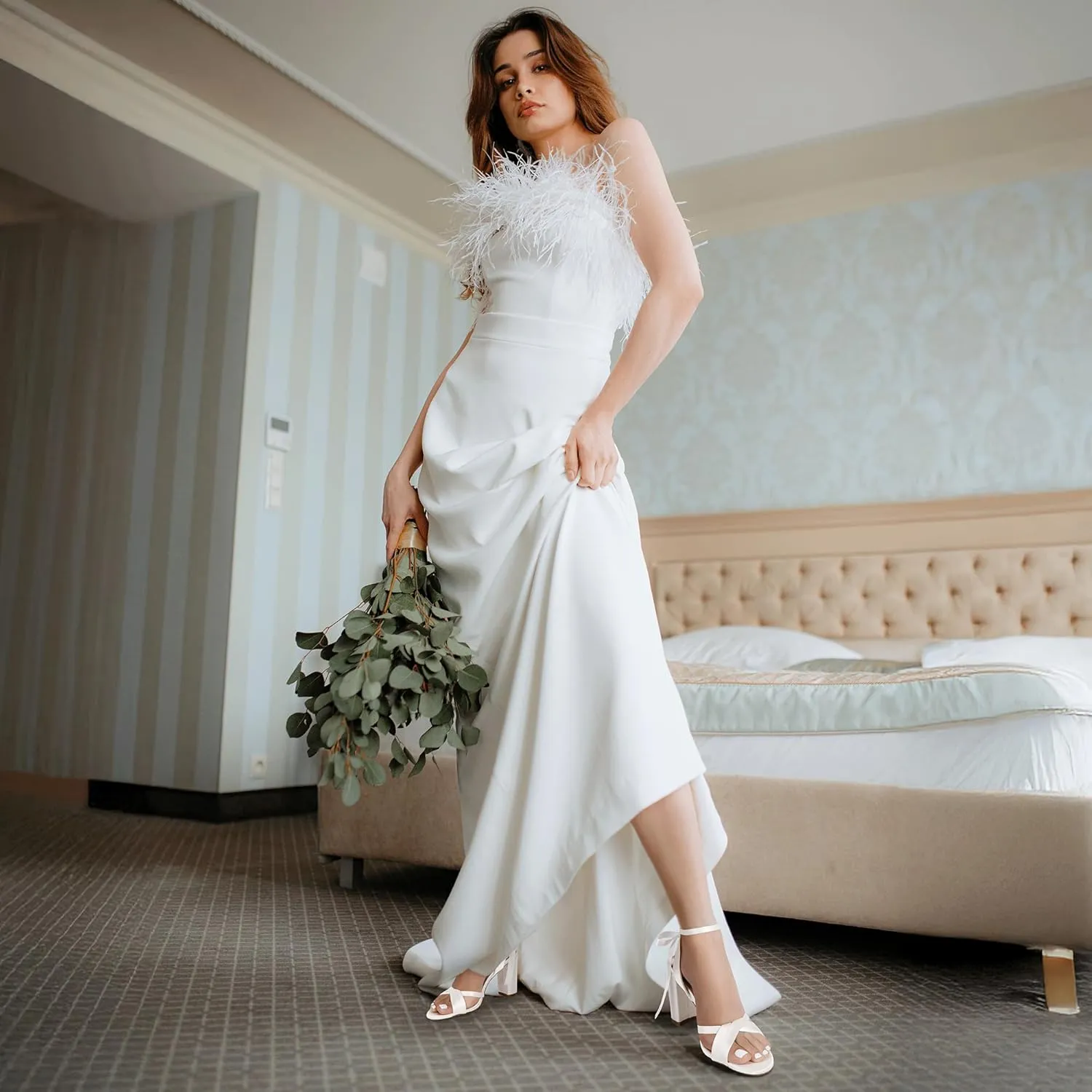 Mofri ShowHow Women's Silk Bow Tie Heels Ankle Strap Chunky Block Heel Dress Sandals Cross Strap Open Toe Wedding Bridal Heels