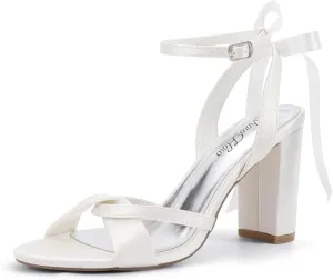 Mofri ShowHow Women's Silk Bow Tie Heels Ankle Strap Chunky Block Heel Dress Sandals Cross Strap Open Toe Wedding Bridal Heels