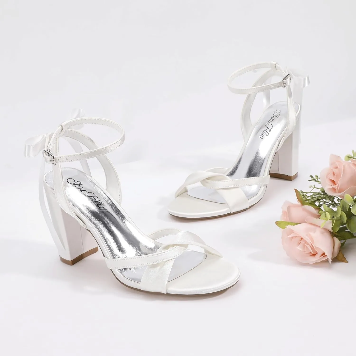 Mofri ShowHow Women's Silk Bow Tie Heels Ankle Strap Chunky Block Heel Dress Sandals Cross Strap Open Toe Wedding Bridal Heels