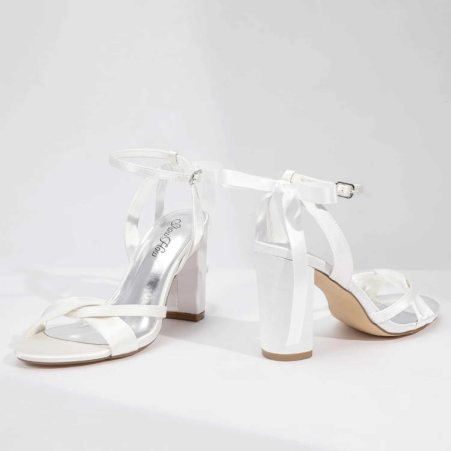 Mofri ShowHow Women's Silk Bow Tie Heels Ankle Strap Chunky Block Heel Dress Sandals Cross Strap Open Toe Wedding Bridal Heels