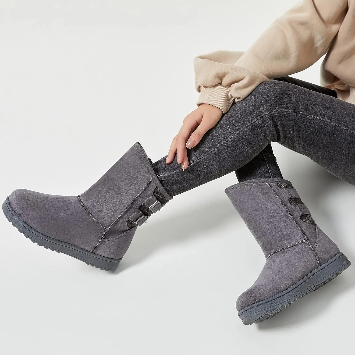 Moudki Womens Winter Boots Mid-calf Snow Boots Fashion Warm Boots for Women Cute Furry Slip On Boots