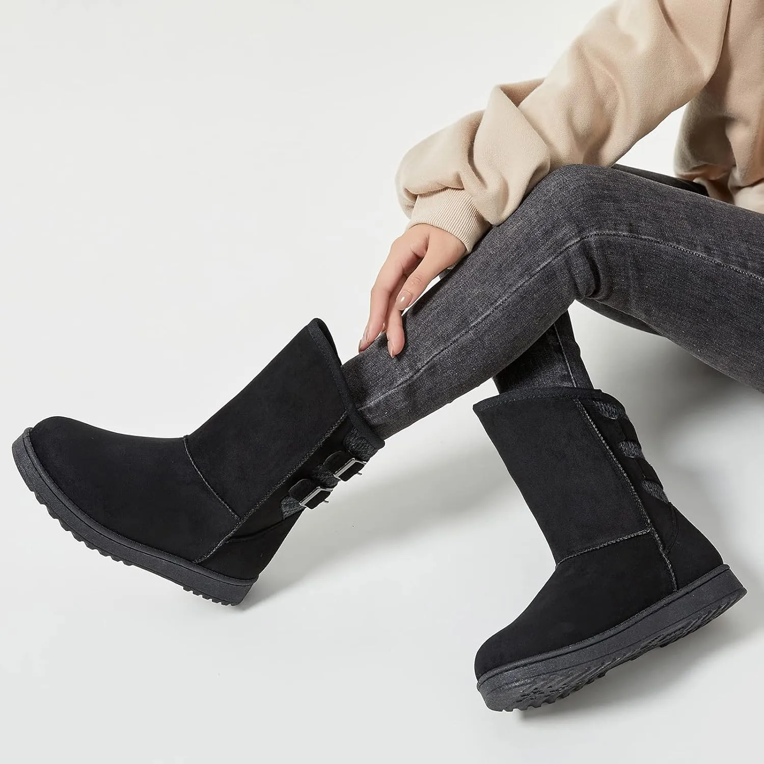 Moudki Womens Winter Boots Mid-calf Snow Boots Fashion Warm Boots for Women Cute Furry Slip On Boots