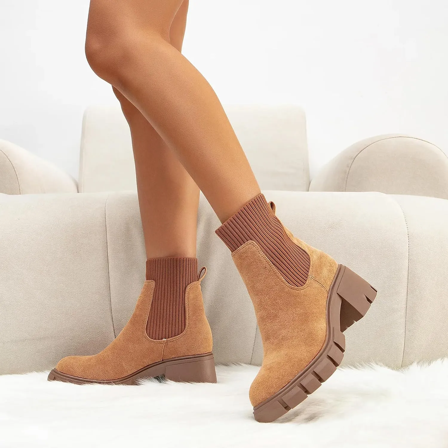 MOUSSE FIT Women's British Style Boots Elastic Chunky Heel Lug Sole Booties
